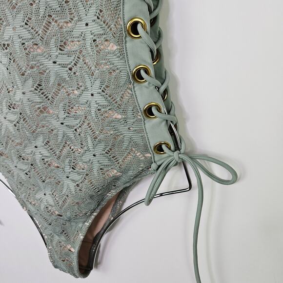 Sage Green Crochet Lace One-Piece Swimsuit Nude Lining Sexy Lace Up Side Medium - Picture 6 of 14